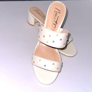 Nanette Lepore White Drew Slide Sandals Size 9 Block Heel Pastel Studded